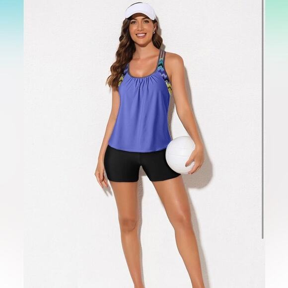 Womens Blouson Striped Printed Push up Strappy T-Back Tankini Top with Shorts M - Picture 5 of 5